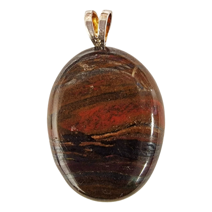 GeoFossils Tiger Iron Sterling Silver Pendant – Australian gemstone with tiger’s eye, hematite, and red jasper – strength, vitality, and protection jewellery – handmade in the UK.