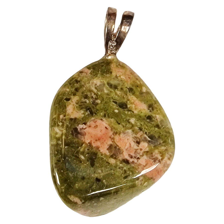 GeoFossils Unakite Sterling Silver Pendant – South African green and pink crystal in sterling silver – emotional healing, balance, and transformation jewellery – handmade in the UK.