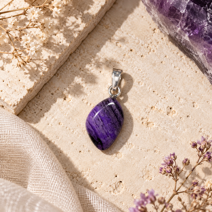 GeoFossils Sugilite pendant presented in a luxury editorial flat lay, highlighting its polished violet gemstone, distinctive natural patterning and sterling silver bail.