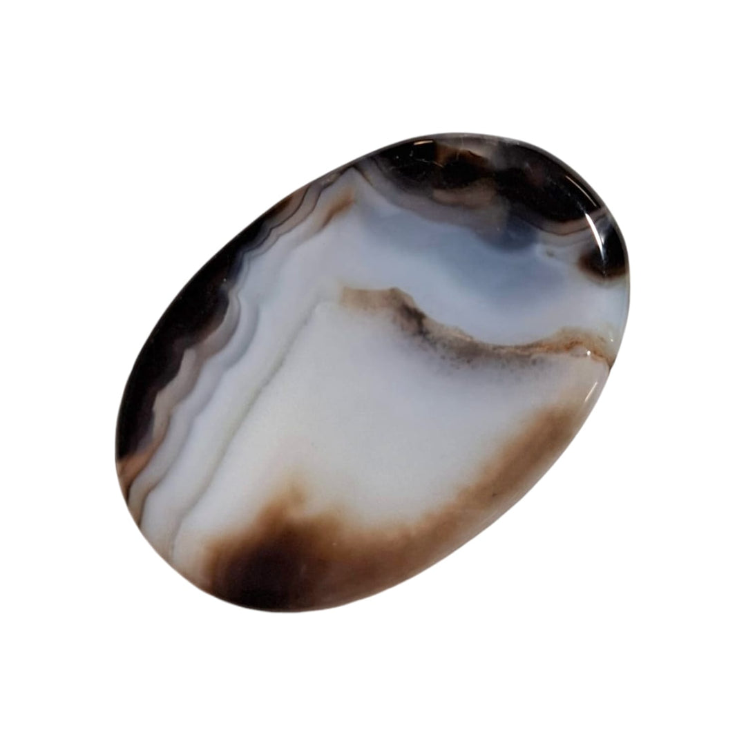 Suleiman Agate Worry Stone by GeoFossils – smooth, oval stone with natural bands of earthy tones, perfect for grounding, protection, and connecting with the Root and Third Eye Chakras, associated with the Earth element.