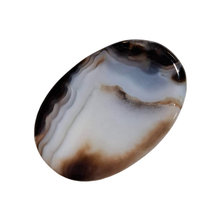 Suleiman Agate Worry Stone by GeoFossils – smooth, oval stone with natural bands of earthy tones, perfect for grounding, protection, and connecting with the Root and Third Eye Chakras, associated with the Earth element.