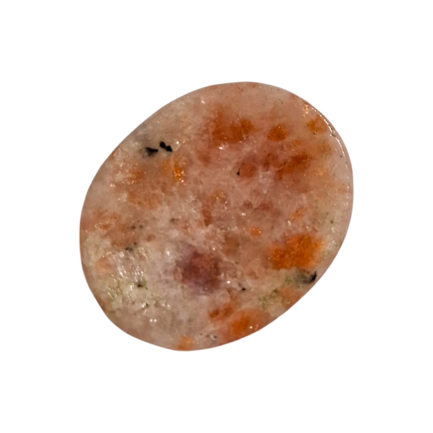Sunstone Worry Stone by GeoFossils – smooth, oval stone with warm orange and golden hues, perfect for energising, enhancing confidence, and connecting with the Sacral and Solar Plexus Chakras, associated with the Fire element.