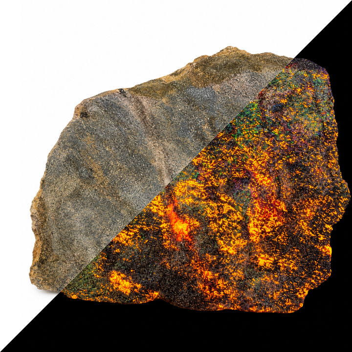 GeoFossils Svabite Specimen 162 comparing its daylight appearance with orange fluorescence under Short Wave (SW) UV
