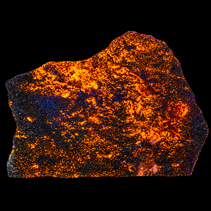 GeoFossils Svabite Specimen 164 displaying orange fluorescence under Short Wave (SW) UV