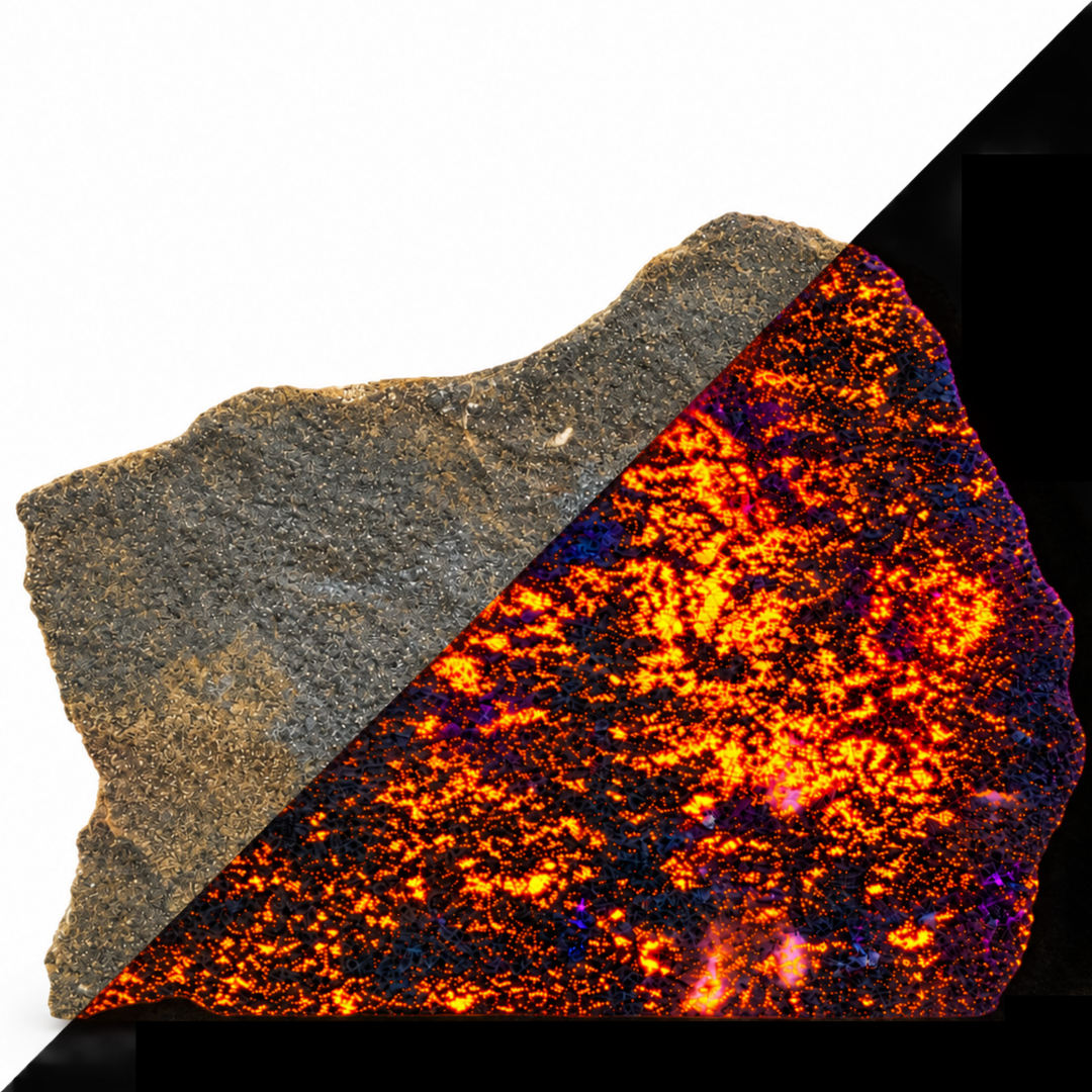 GeoFossils Svabite Specimen 164 comparing its daylight appearance with orange fluorescence under Short Wave (SW) UV