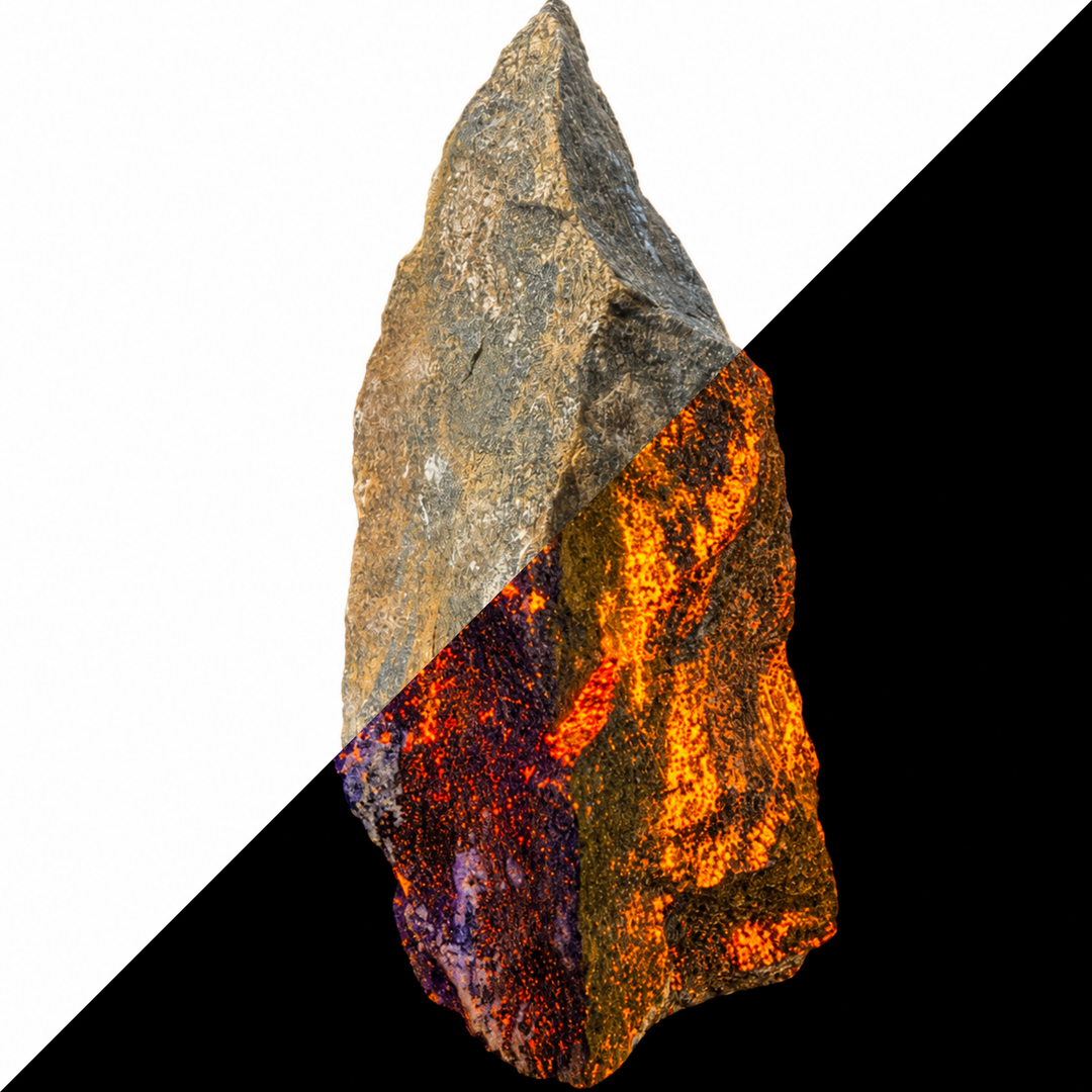 GeoFossils Svabite Specimen 165 comparing its daylight appearance with orange fluorescence under Short Wave (SW) UV