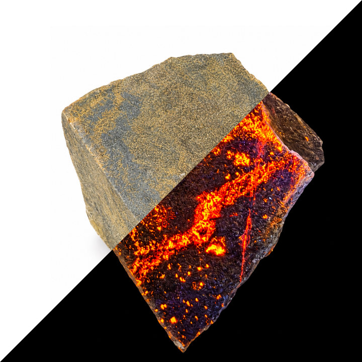 GeoFossils Svabite Specimen 167 comparing its daylight appearance with orange fluorescence under Short Wave (SW) UV