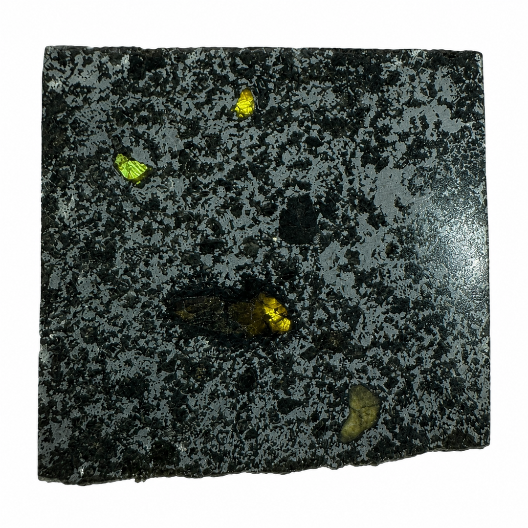 Tanezrouft 091 mesosiderite meteorite collector specimen with distinctive polished metal and crystal-rich interior on a white background.