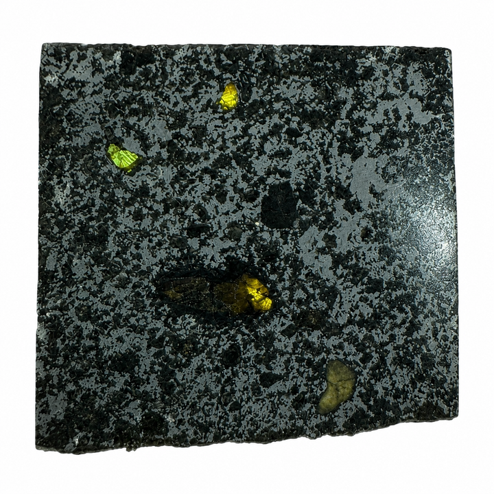 Tanezrouft 091 mesosiderite meteorite collector specimen with distinctive polished metal and crystal-rich interior on a white background.