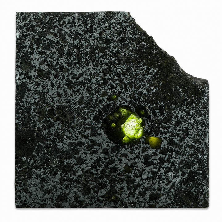 Polished Tanezrouft 091 mesosiderite meteorite from Algeria showing natural iron-nickel metal and silicate inclusions on a white background.