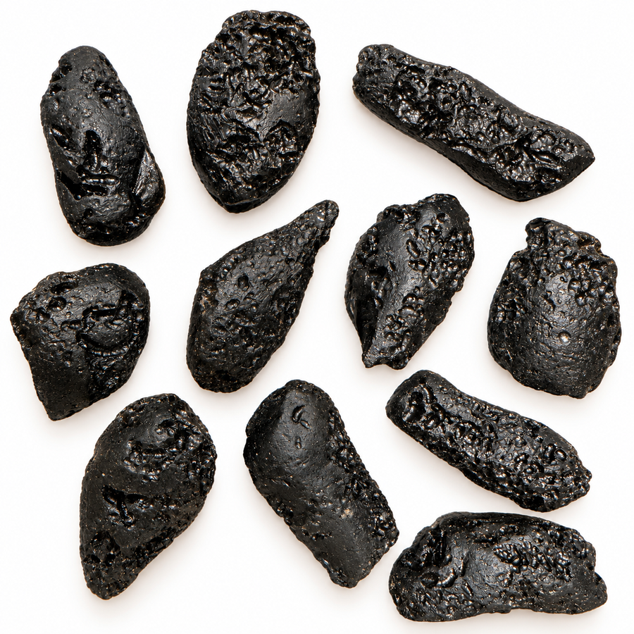 GeoFossils collection of Tibetan Tektite specimens in assorted sizes and irregular shapes, displaying natural grooves, surface pits and black glassy textures on a white background.