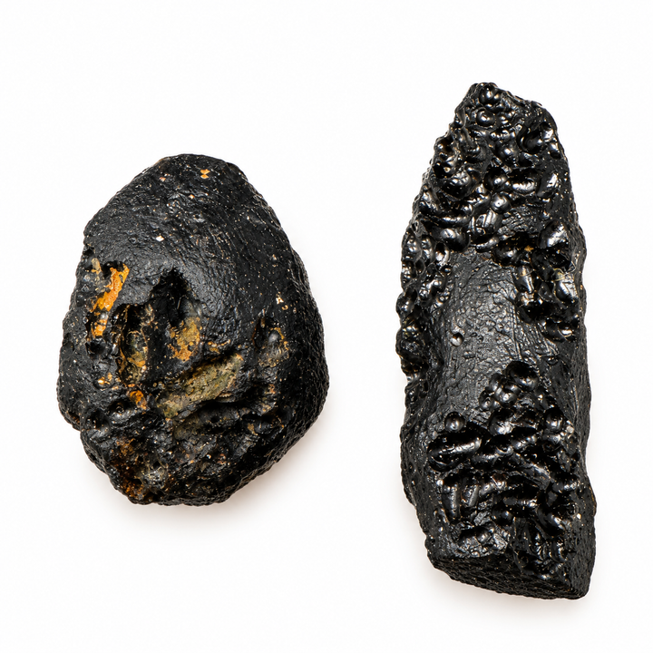 GeoFossils 10g Tibetan Tektite specimens featuring a glossy black surface with irregular grooves and textured details on a white background.