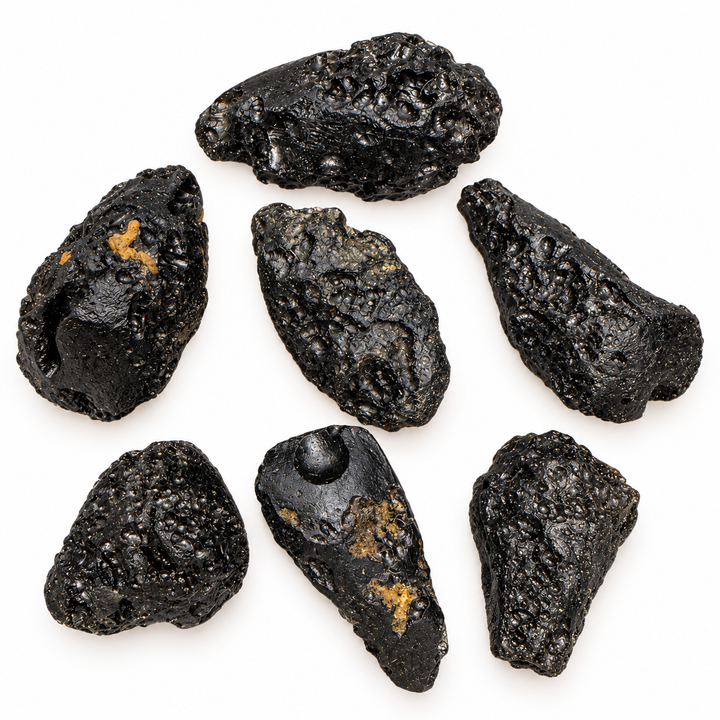 GeoFossils 11g Tibetan Tektite specimens with a naturally pitted surface and irregular rounded shape on a white background.