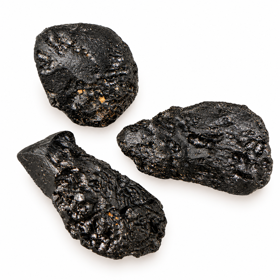 GeoFossils 13g Tibetan Tektite specimens featuring an irregular elongated shape and textured black surface on a white background.