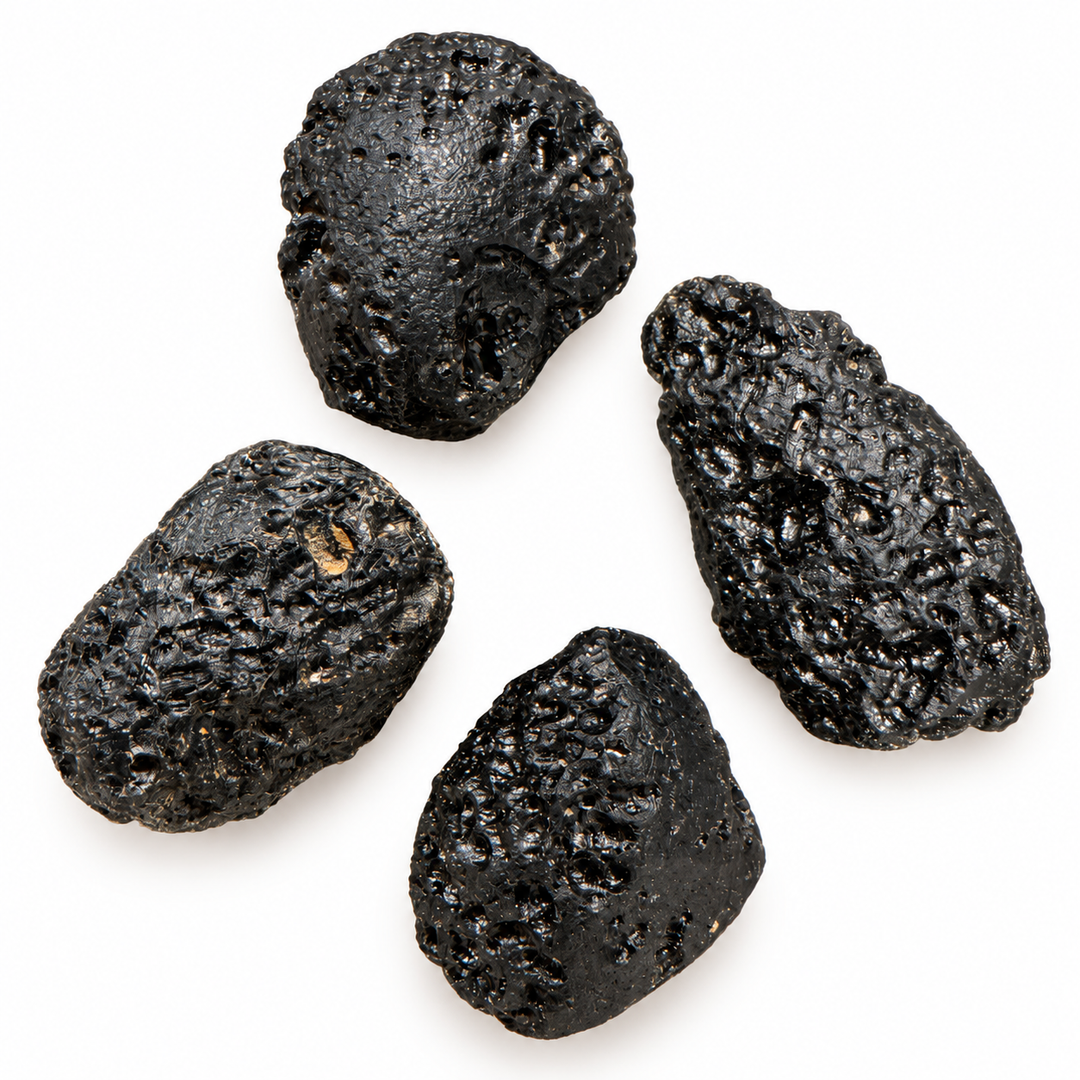GeoFossils 14g Tibetan Tektite specimens with natural surface indentations, glossy black areas and an irregular shape on a white background.