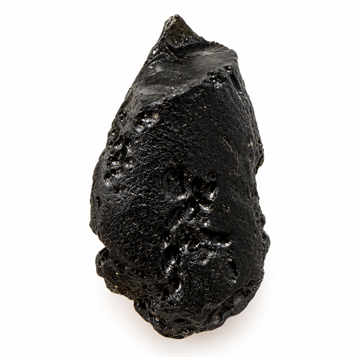 GeoFossils 15g Tibetan tektite specimen with a naturally irregular black surface, glossy areas and distinctive pits.