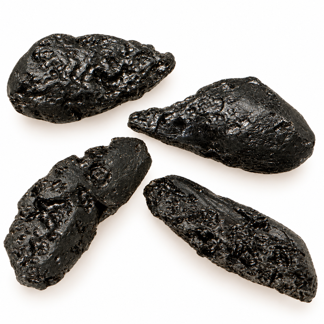 GeoFossils 17g Tibetan tektite specimens with a black textured surface, rounded edges and irregular cavities.