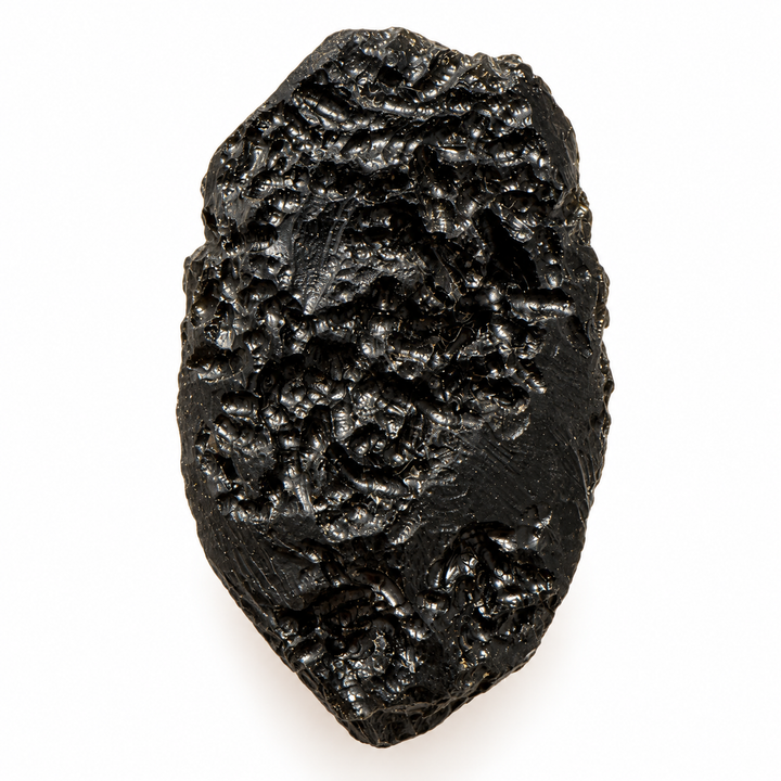 GeoFossils 19g Tibetan tektite specimen with an elongated form, textured black surface and deep irregular depressions.
