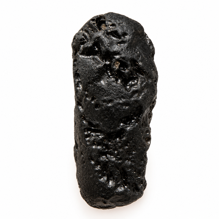 GeoFossils 22g Tibetan tektite specimen featuring a dark glossy surface, rounded contours and distinctive natural cavities.