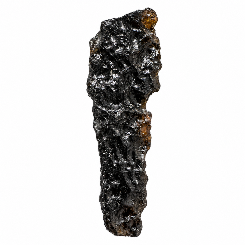 GeoFossils 4g Tibetan Tektite specimen with a black surface, natural pits and irregular texture on a white background.