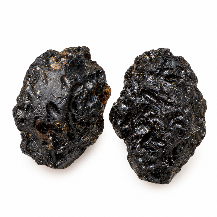 GeoFossils 6g Tibetan Tektite specimens with a dark glossy surface and naturally textured grooves on a white background.