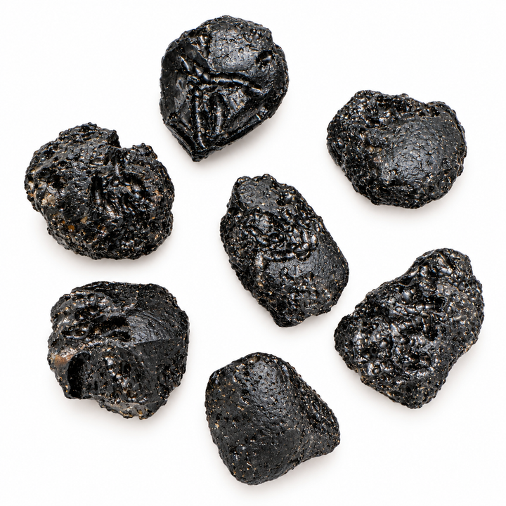 GeoFossils 8g Tibetan Tektite specimens with a black textured surface and rounded natural formations on a white background.