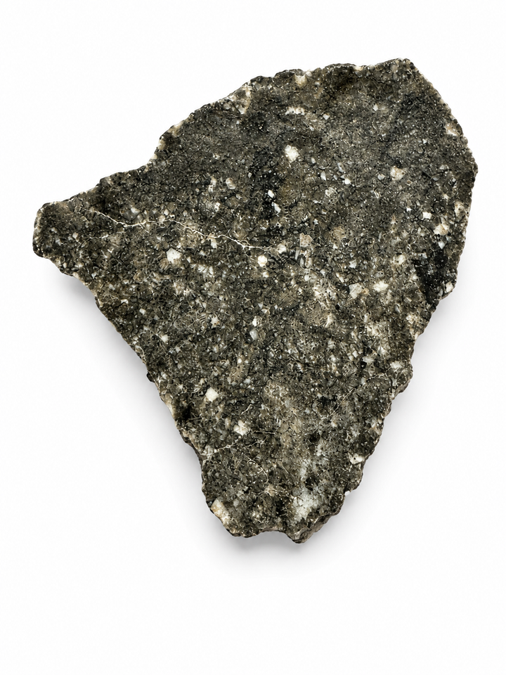 Timimoun 002 diogenite slice revealing its natural internal structure.