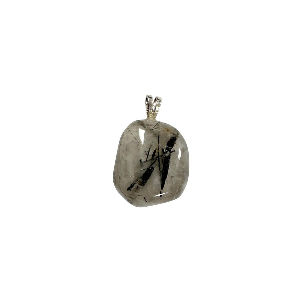 GeoFossils Tourmalinated Quartz Sterling Silver Pendant – Brazilian clear quartz with black tourmaline inclusions in sterling silver setting – protection and balance jewellery – handmade in the UK.