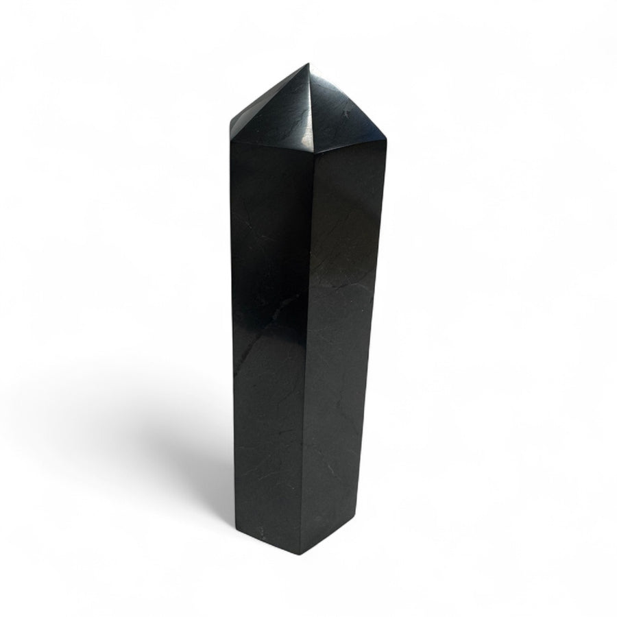 Single 10cm polished shungite tower point, used for grounding, EMF protection, and energy balancing.