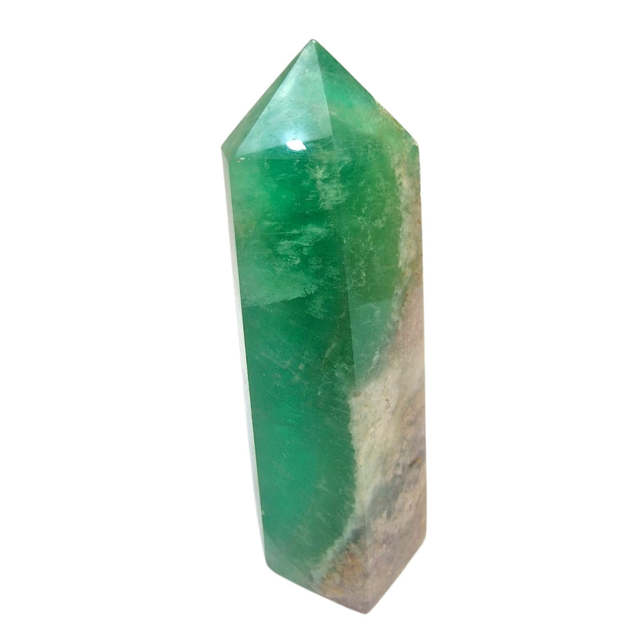 GeoFossils Green and Purple Fluorite Tower – Polished UV Reactive Crystal Point with Translucent Zoning