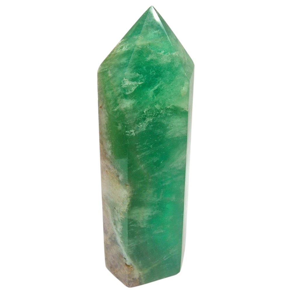 GeoFossils Green and Purple Fluorite Tower – Polished UV Reactive Crystal Point with Translucent Zoning