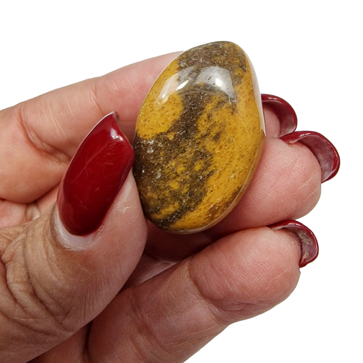 GeoFossils Cappuccino Jasper Tumble Stone – close-up showing detailed caramel, cream and brown patterning in polished jasper