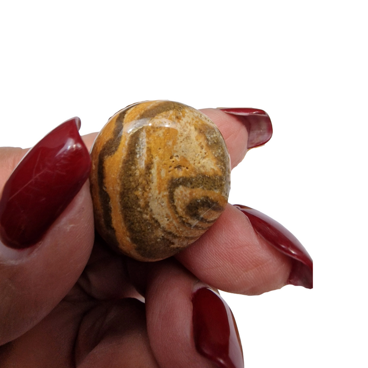 GeoFossils Cappuccino Jasper Tumble Stone – close-up showing detailed caramel, cream and brown patterning in polished jasper