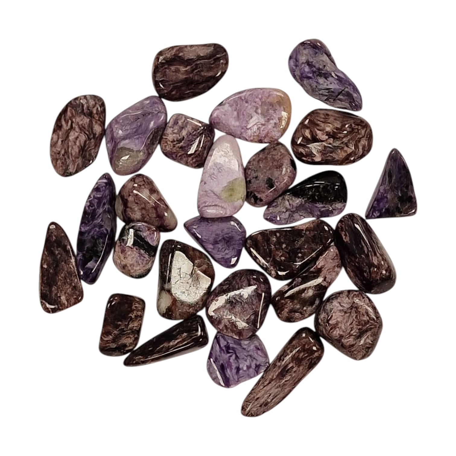 GeoFossils Charoite Tumble Stone, a rare violet and lilac crystal for transformation, emotional healing, and spiritual awakening.