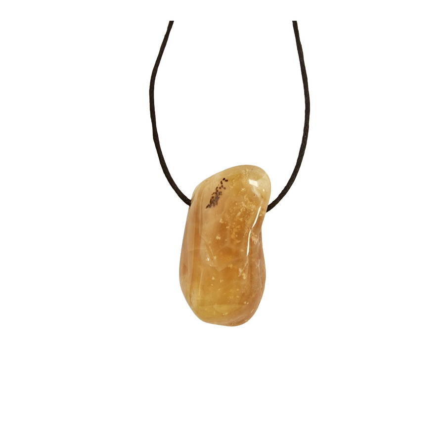 Peruvian Yellow Opal drilled tumble stone strung on a black vegan cord, polished and ready to wear for radiant energy and solar plexus support.