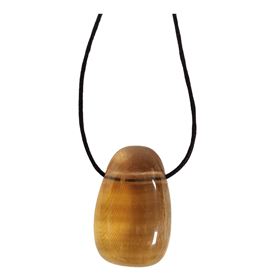 Polished Yellow Fluorite drilled tumble stone on a black vegan cotton cord, glowing with golden light and ready to wear as a crystal healing pendant.