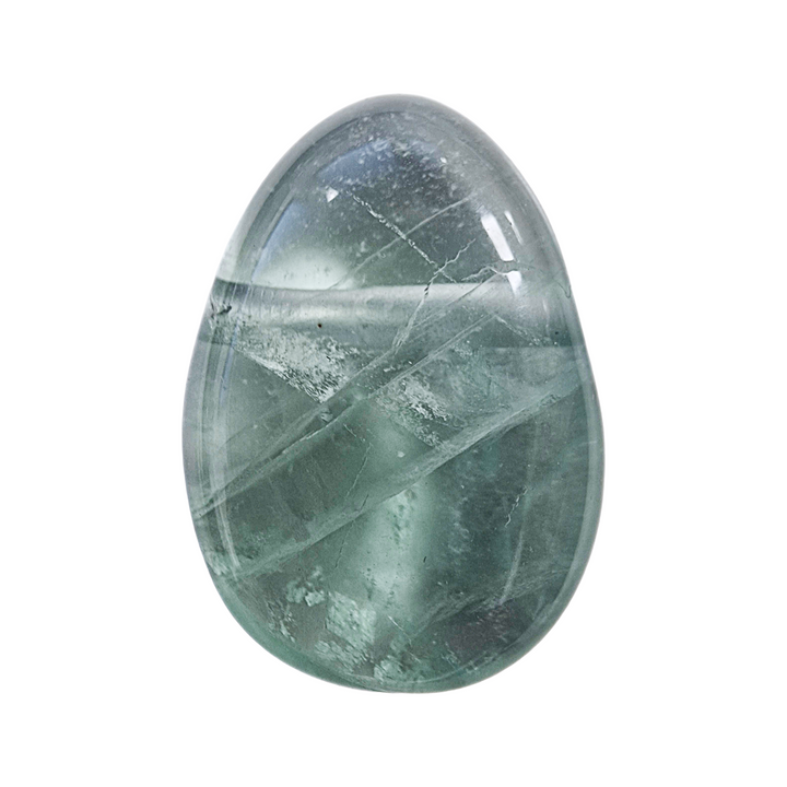 Side-drilled Green Fluorite crystal tumble, polished for clarity and focus, supports mental organisation and aura cleansing.