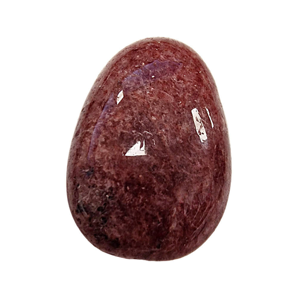 Strawberry Quartz tumble stone with natural red-pink sparkles, drilled and polished for love energy, self-worth, and spiritual warmth.