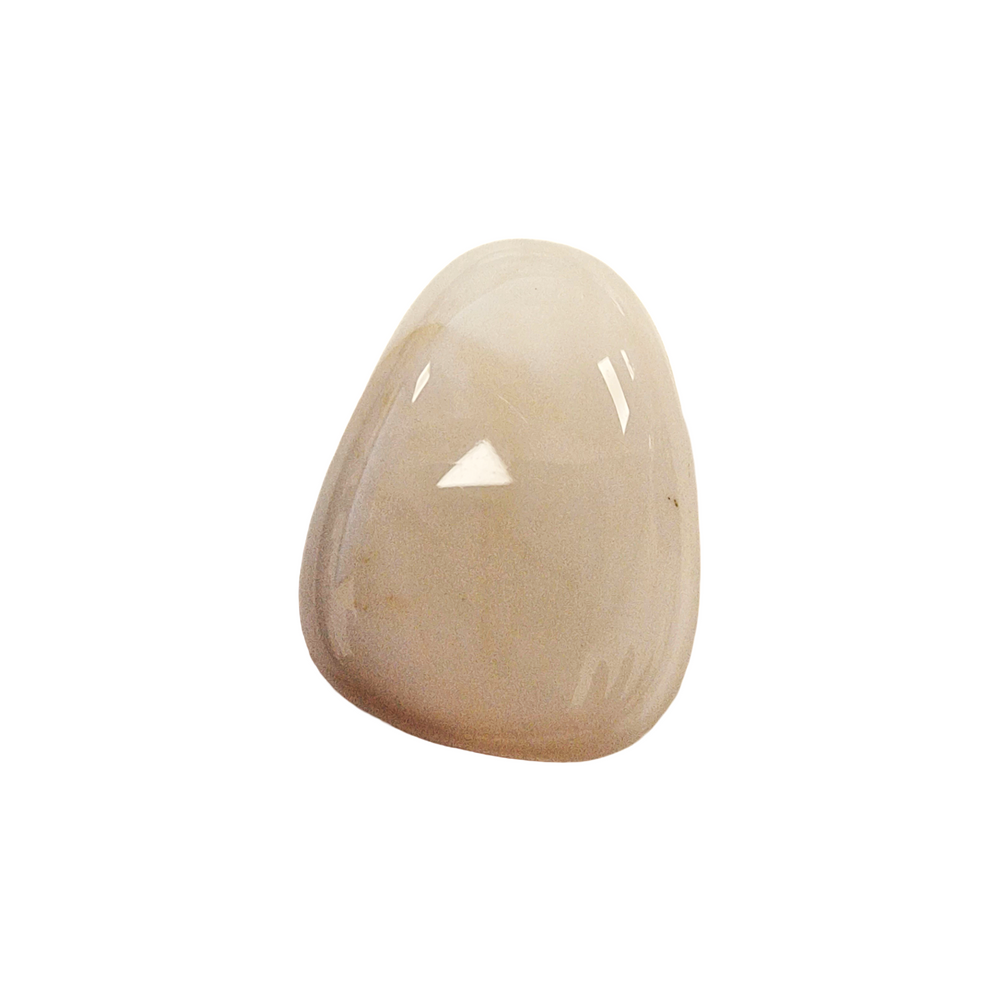 White Onyx tumble stone with subtle milky bands, drilled and polished for use in jewellery making or calming energy rituals.
