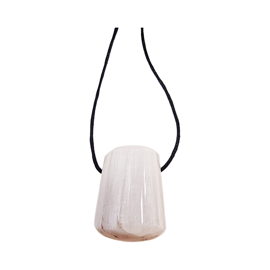 Polished Scolecite drilled tumble stone on a black vegan cotton cord, radiating delicate white fibres and high-vibration energy for peaceful, wearable meditation.