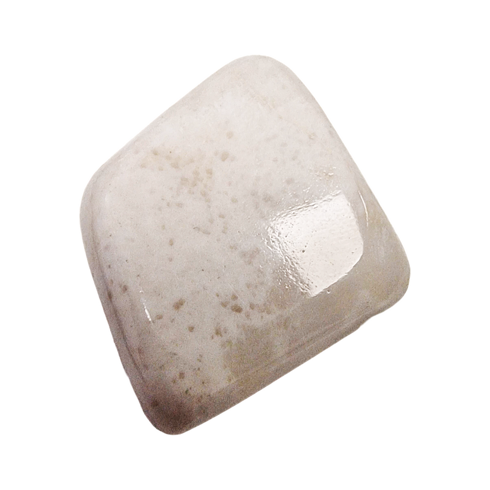 Scolecite drilled tumble stone, hand-polished with soft white patterns and calming spiritual energy.