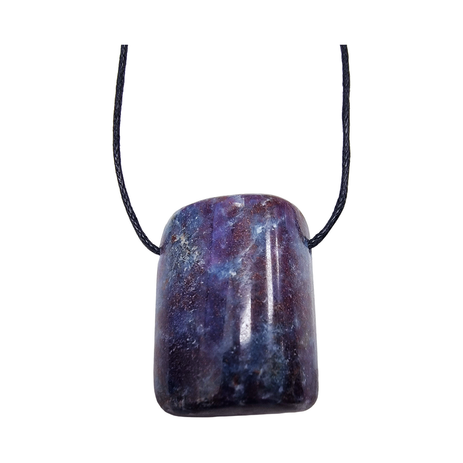 Polished Ruby in Kyanite drilled tumble stone on a black vegan cotton cord, blending deep red ruby crystals with streaks of blue kyanite for balanced energy and wearable strength.