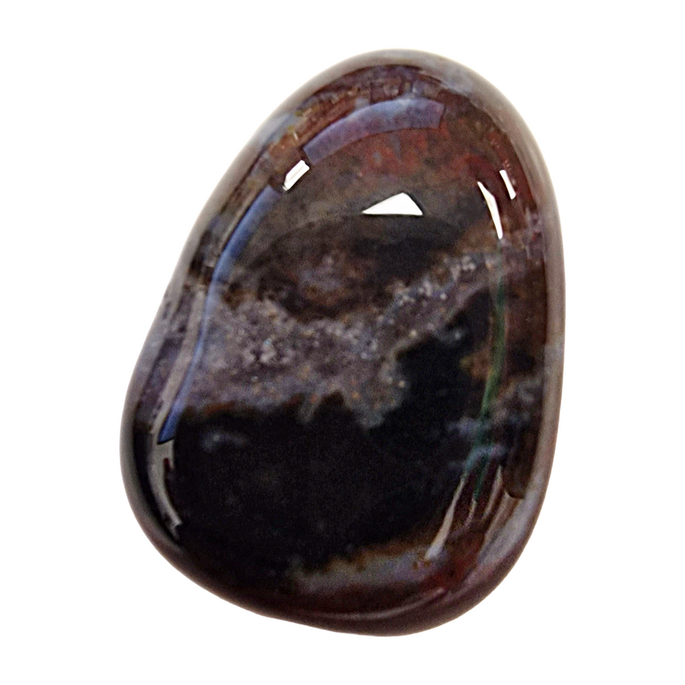 Sardonyx tumble stone with intricate natural banding in earthy tones, side-drilled and polished for use in crystal jewellery or energy tools.