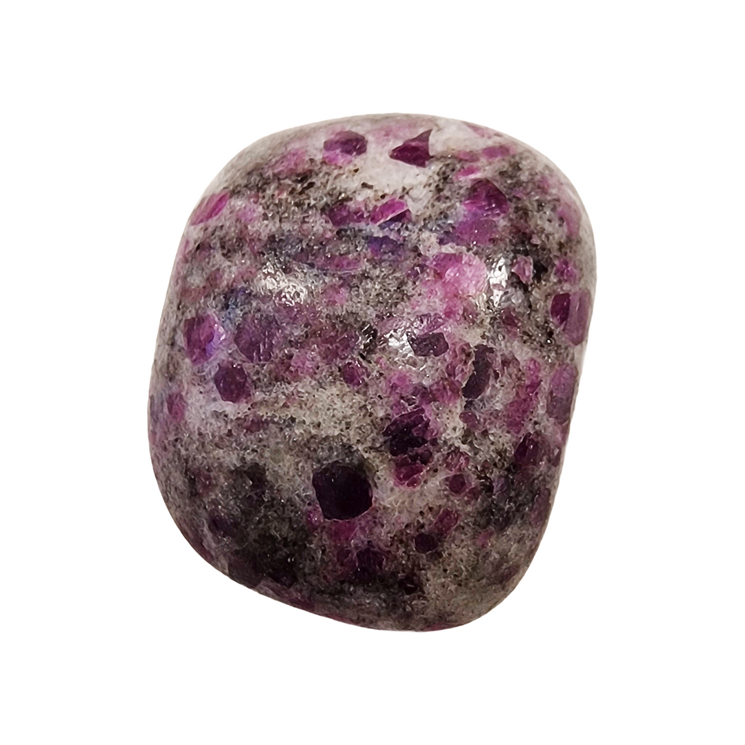 Ruby in Feldspar drilled tumble, hand-polished with soft pink and white tones.
