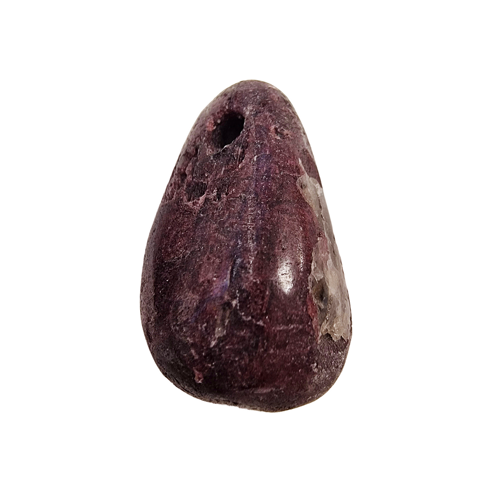 Ruby tumble stone with vibrant crimson hues and natural inclusions, drilled and polished for pendants, amulets, or high-energy adornments.