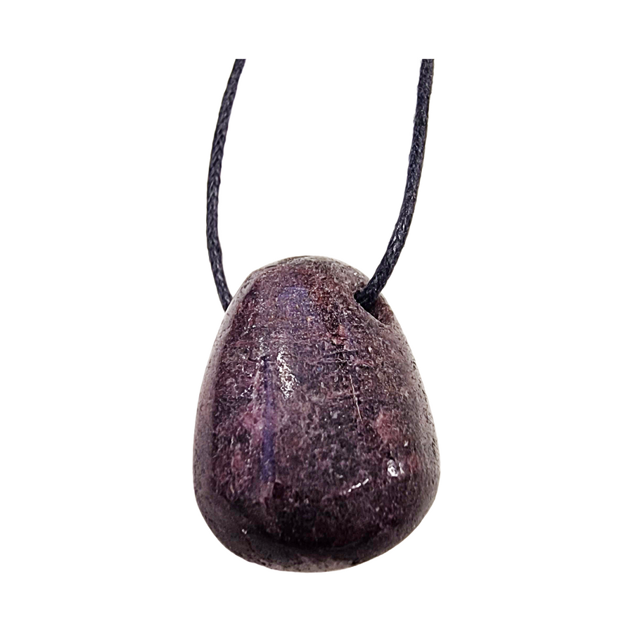 Polished Ruby drilled tumble stone on a black vegan cotton cord, rich in deep red tones, perfect for passion, vitality, and everyday crystal jewellery.