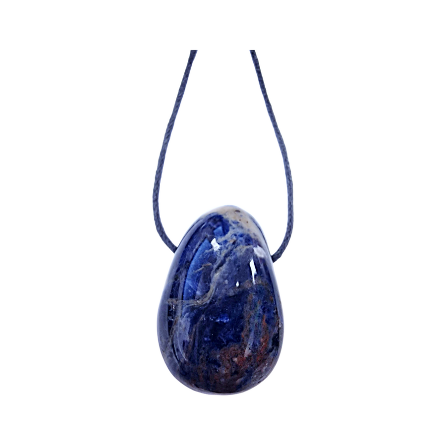 Polished Sodalite drilled tumble stone on a black vegan cotton cord, deep blue with white veining, ideal for truth, insight, and wearable third eye energy.