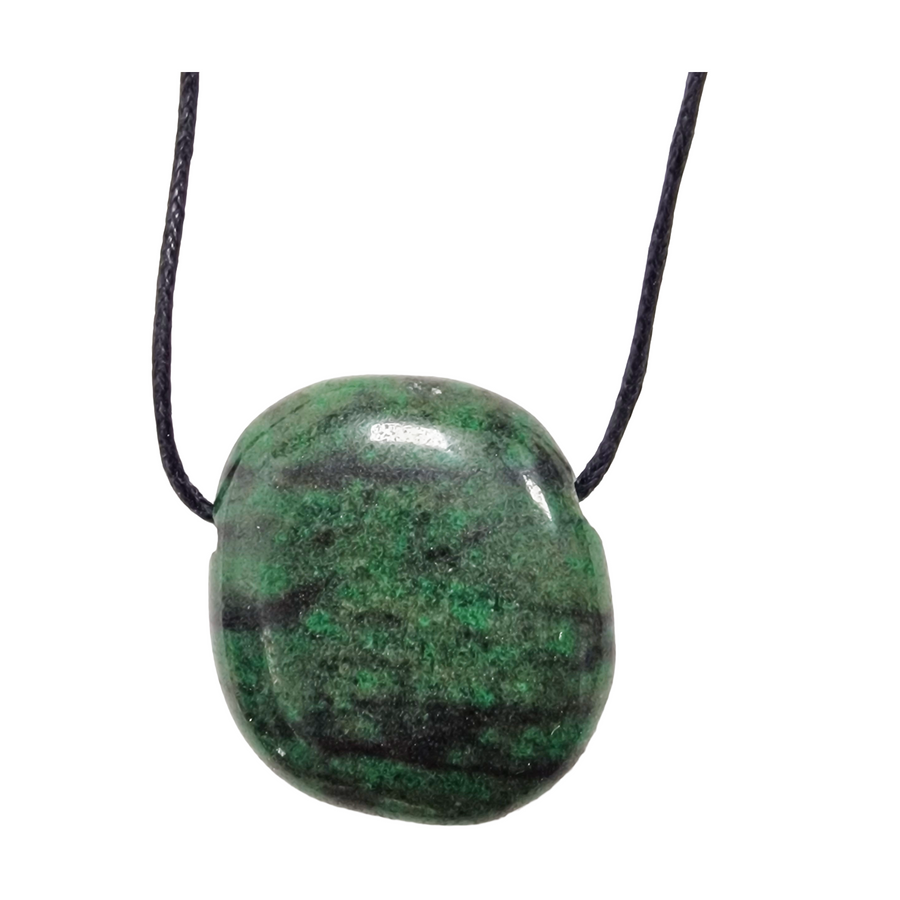 Polished Zoisite drilled tumble stone on black vegan cotton cord, ready to wear as a crystal pendant for heart energy and emotional renewal.
