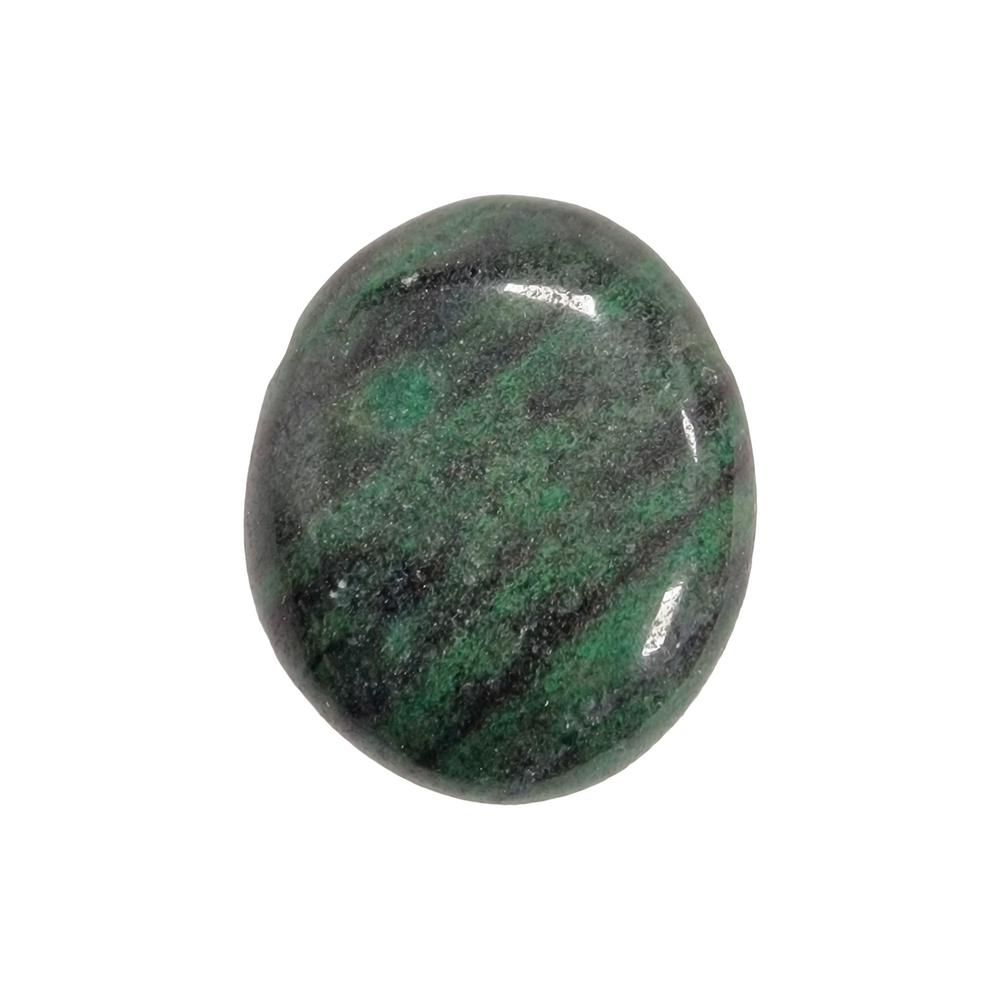 Drilled Zoisite tumble stone with green and black marbling, perfect for pendants, crystal jewellery or chakra healing.