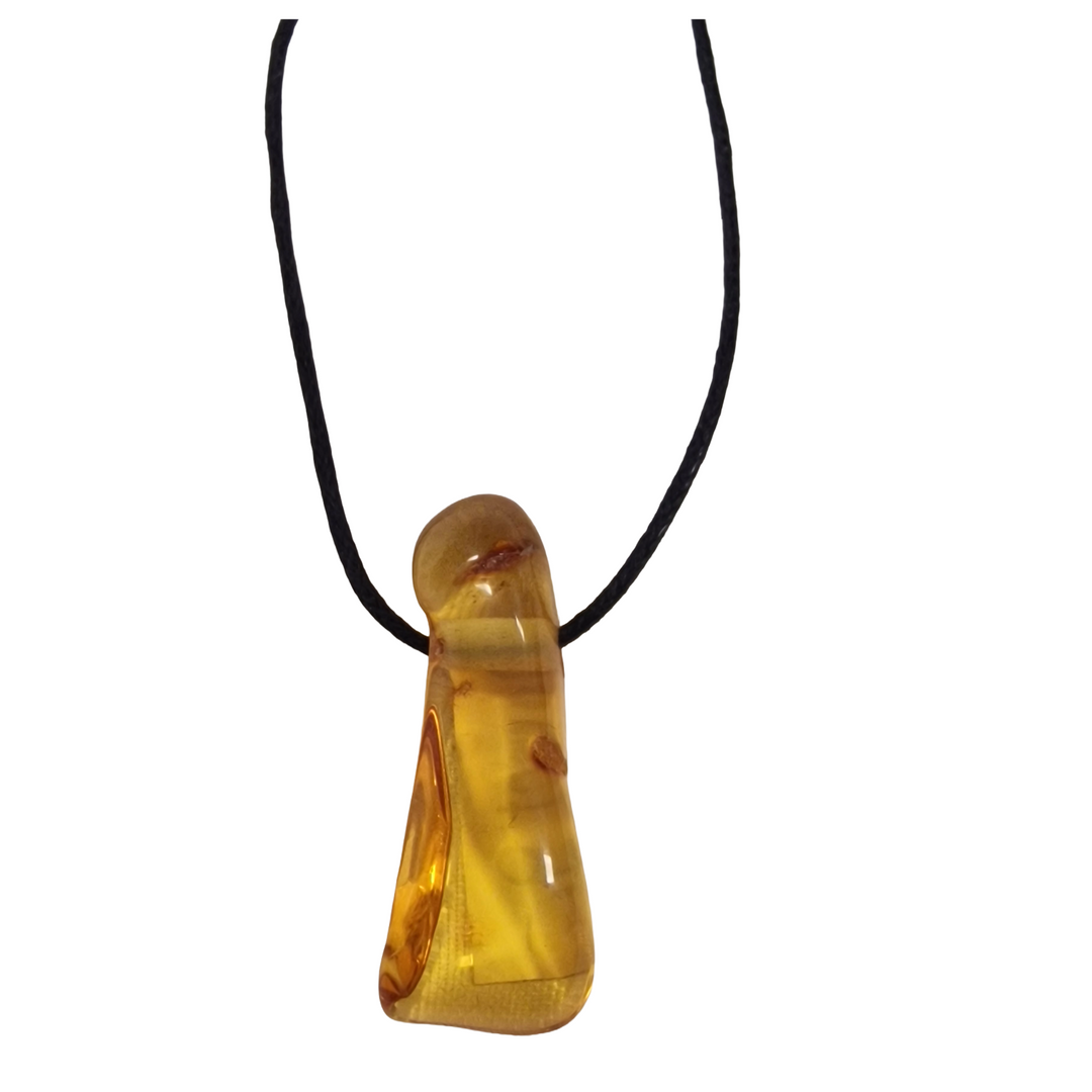 Polished Baltic Amber drilled tumble stone on black vegan cotton cord, lightweight and ready to wear as a natural fossil resin pendant.